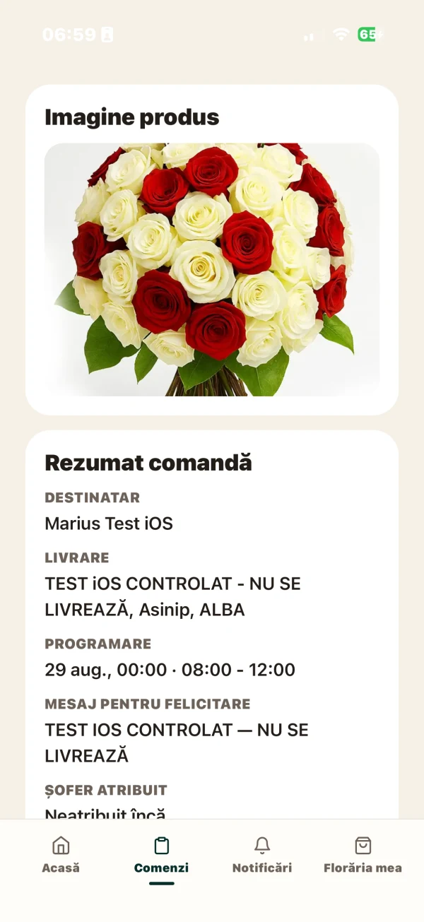 The product, timing and message for the same ProFlorist test order.